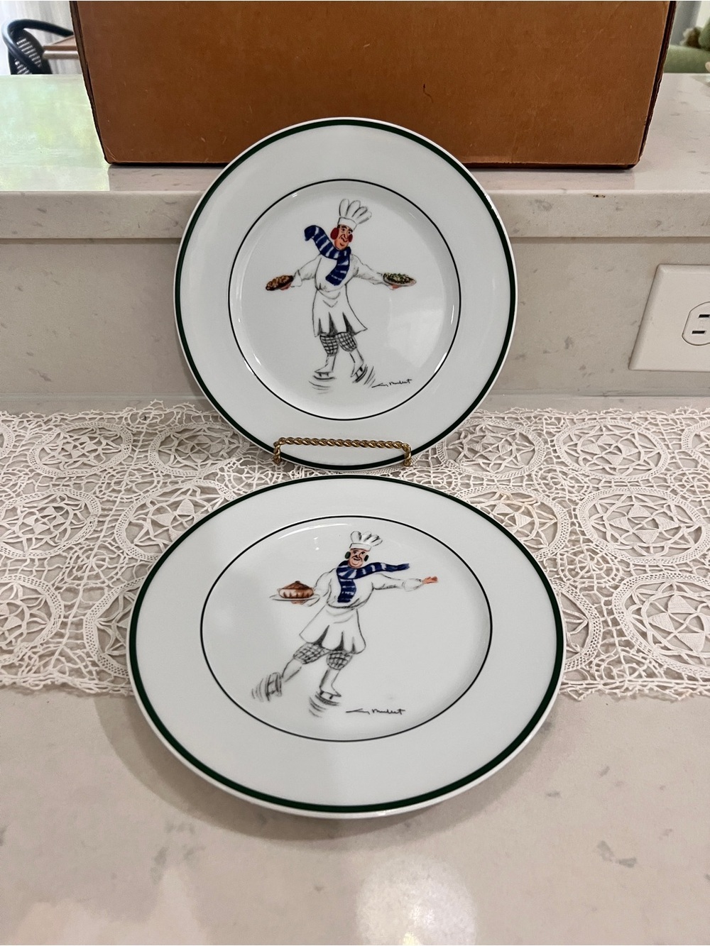 Skating Chefs by Guy Buffet with blue scarf Set of 2